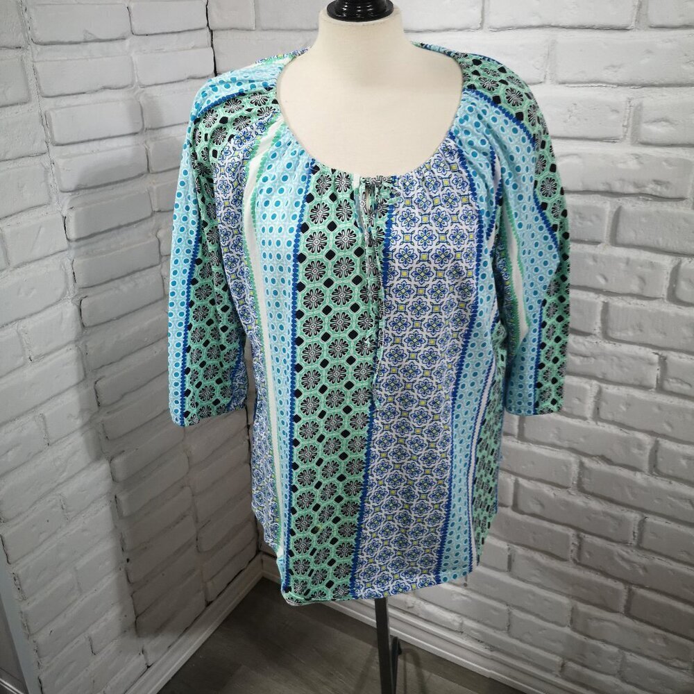 Jones New York Sport Ladies Size 2X Multi Colored 3/4 Sleeves Peasant Blouse